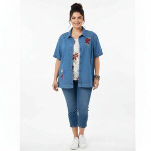 Ms. Lee 3X Blue Denim Shirt - 2 PC Look w/ Colorful Embroidery 100% Cotton